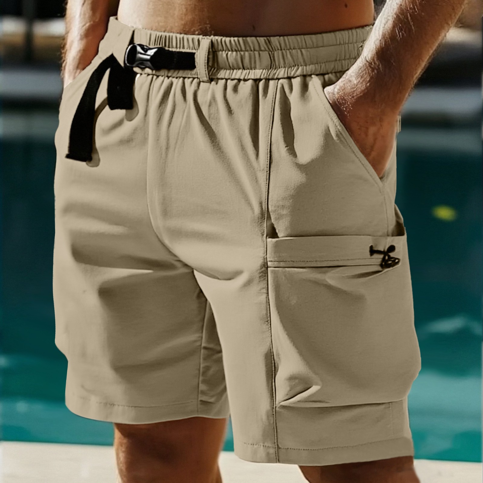 thumbnail image 2 of Pantalones cortos deportivos de secado rápido para hombre - Color liso transpirable - Poliéster, cintura elástica, tallas M-XXXXL, 2 of 5